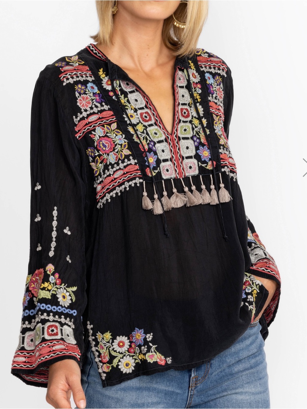 NWT Johnny Was Coriander Embroidered Blouse Boho Peasant Top wTassels Sz L